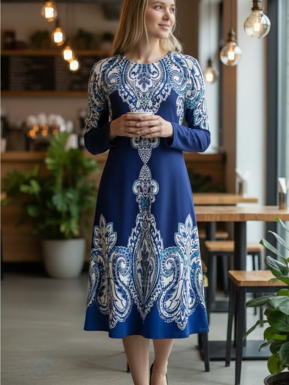 Donna Morgan Paisley-Print Long-Sleeve Midi Dress